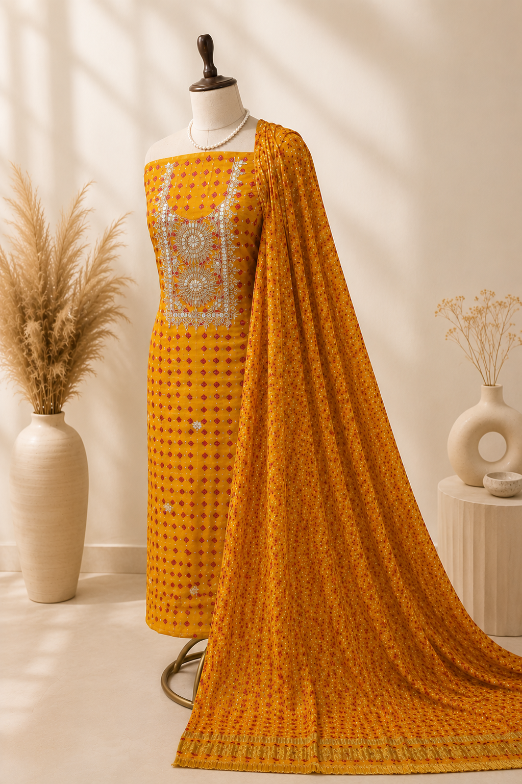Sunshine Bandhej Gaji Silk Suit Set with Gaji Silk Dupatta