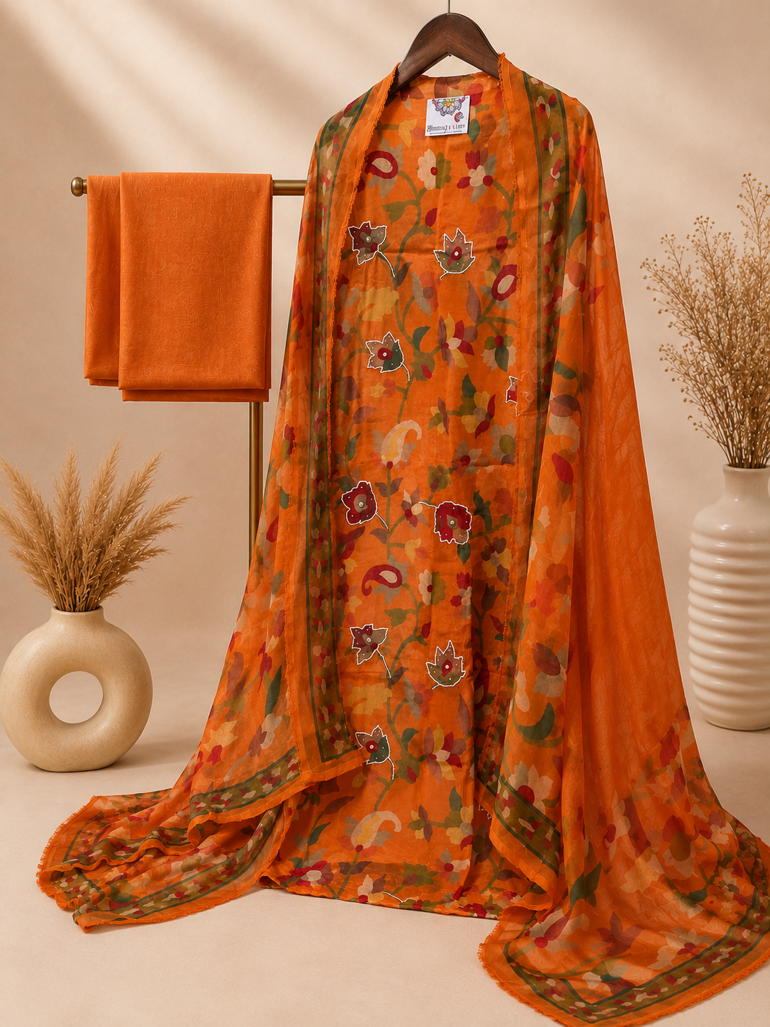 Sunset Orange Burberry Floral Suit Set with Burberry Dupatta